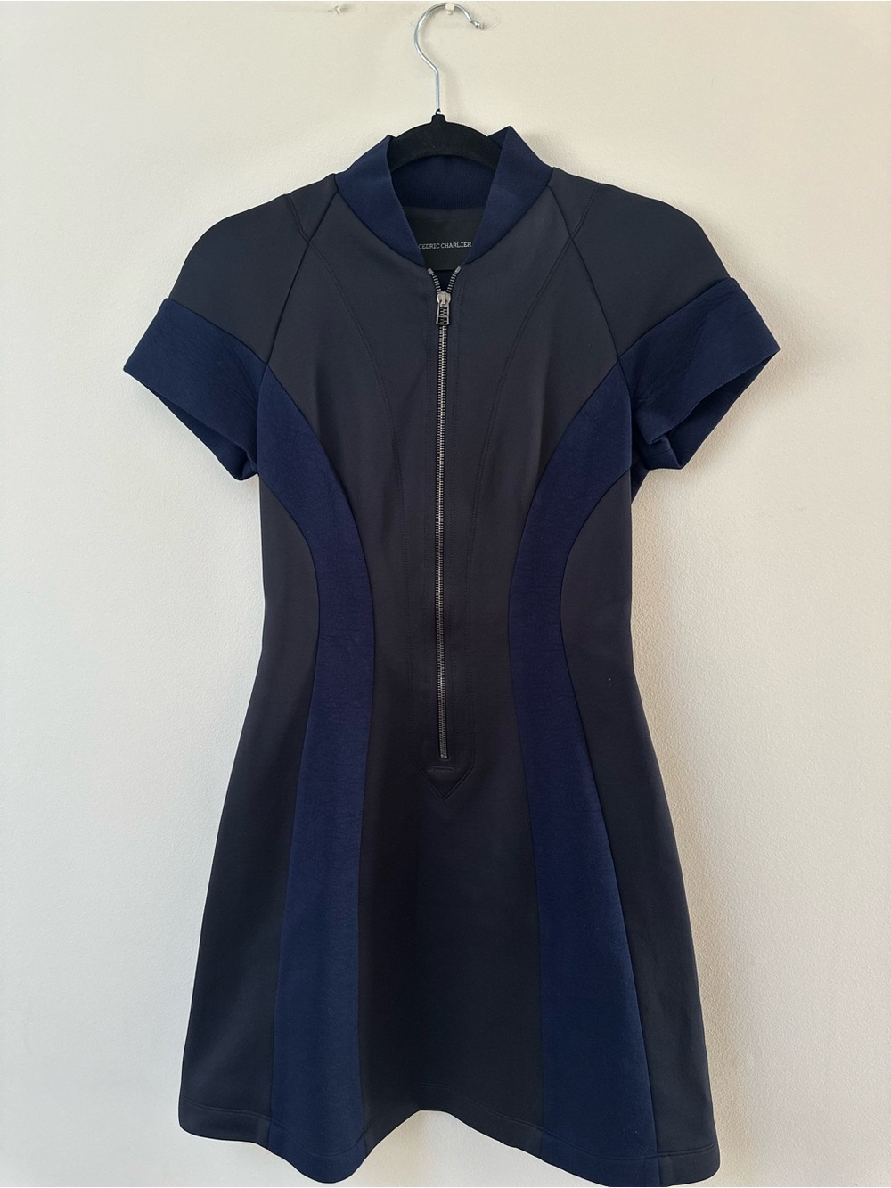 Cedric Charlier Navy Zip-Front Fit & Flare Scuba Dress size 6